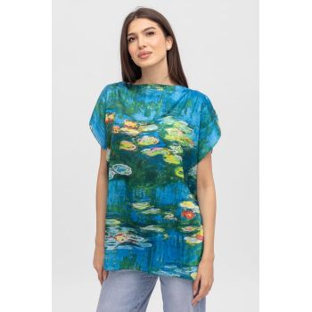 Bluza de vara tip poncho din matase cu imprimeu reproducere dupa Nuferii de Claude Monet