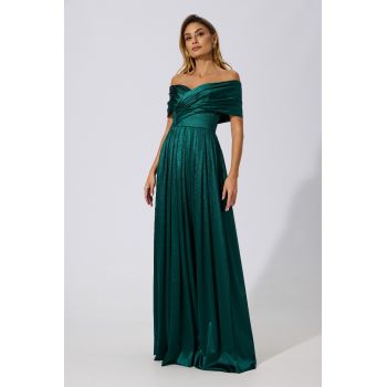 Rochie de ocazie din licra satinata cu maneci cazute Addison Verde