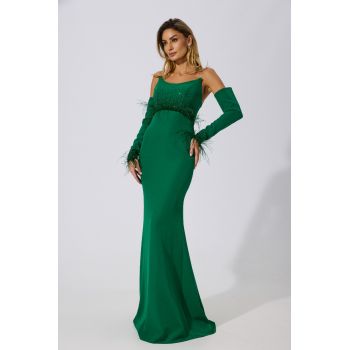 Rochie de ocazie premium din crepe cu maneci detasabile Kalonice Verde