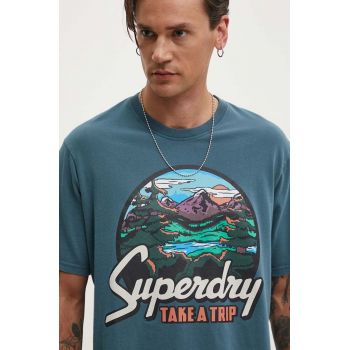 Superdry tricou din bumbac barbati, culoarea turcoaz, cu imprimeu, M1012187A-1XJ