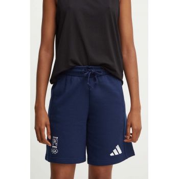 adidas Performance pantaloni scurti Polska femei, culoarea albastru marin, cu imprimeu, high waist, JF9049