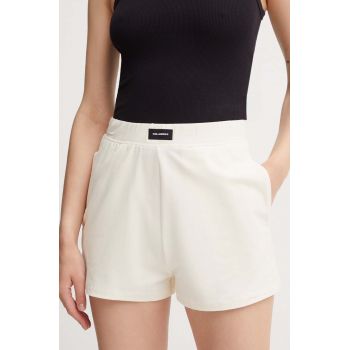 Karl Lagerfeld pantaloni scurti femei, culoarea bej, neted, high waist, 245W2190