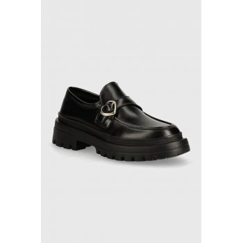 Love Moschino mocasini de piele femei, culoarea negru, cu toc plat, JA10275G1LIA0000