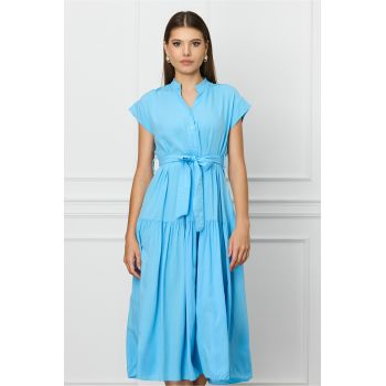 Rochie Mira bleu cu nasturi la bust si cordon in talie