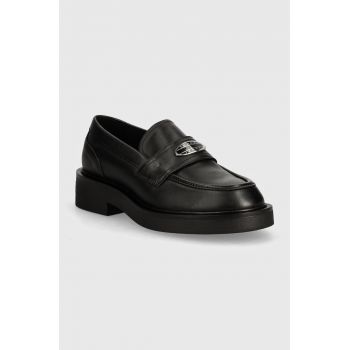 Tommy Jeans mocasini de piele TJW FLAT LOAFER femei, culoarea negru, cu toc plat, EN0EN02557