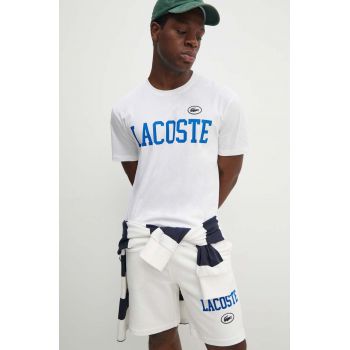 Lacoste tricou din bumbac barbati, culoarea alb, cu imprimeu