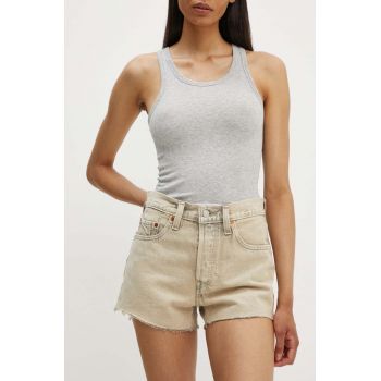 Levi's pantaloni scurti jeans femei, culoarea bej, neted, high waist