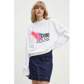 Moschino Jeans hanorac de bumbac femei, culoarea alb, cu imprimeu, 1709.8233