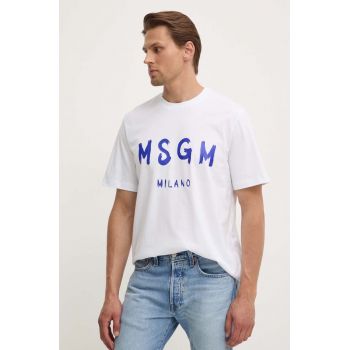 MSGM tricou din bumbac barbati, culoarea alb, cu imprimeu, 3440MM510.237002