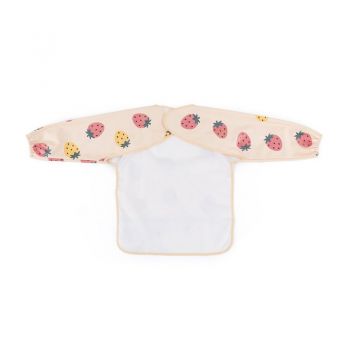 Baveta impermeabila PetiteMars cu maneci lungi 38x42 cm 24 luni+ Beige Strawberies