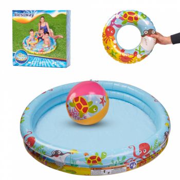 Set 3 piese Piscina gonflabila colac si minge Multicolor 122 cm Marine Life