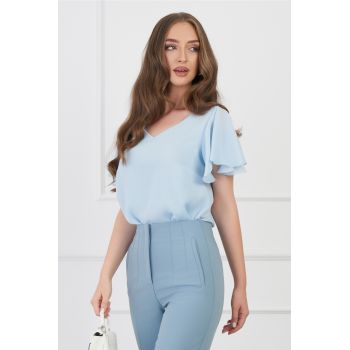 Bluza Delia bleu cu volane la maneci