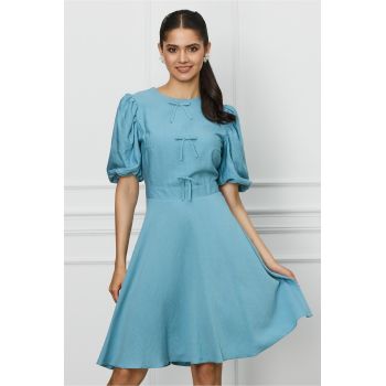 Rochie DY Fashion bleu cu fundite pe bust si maneci bufante