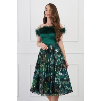 Rochie DY Fashion verde cu imprimeu pe fusta si pene la bust