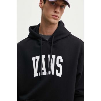 Vans hanorac de bumbac barbati, culoarea negru, cu glugă, cu imprimeu, VN000HNWBLK1