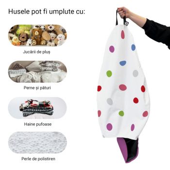 Husa fotoliu Puf Bean Bag tip Para L fara umplutura alb cu buline multicolore