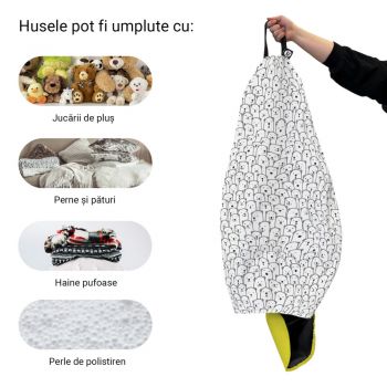 Husa fotoliu Puf Bean Bag tip Para L fara umplutura alb cu ursi