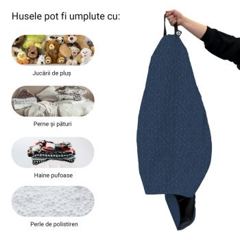 Husa fotoliu Puf Bean Bag tip Para L fara umplutura albastru inchis si linii bej