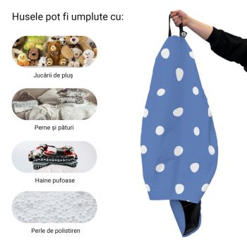 Husa fotoliu Puf Bean Bag tip Para L fara umplutura albastru cu buline albe