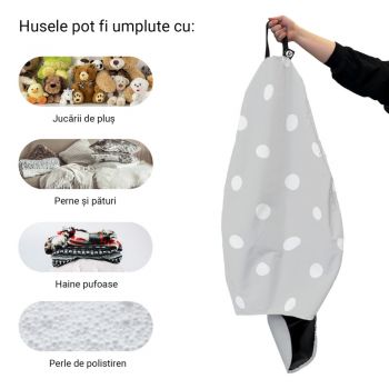 Husa fotoliu Puf Bean Bag tip Para L fara umplutura gri cu buline albe