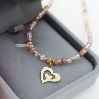 Colier Heart in Heart cu cristale de 4 mm si 6 bilute din aur 14K