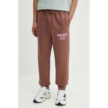 Hugo Blue pantaloni de trening din bumbac culoarea bej, cu imprimeu, 50510734