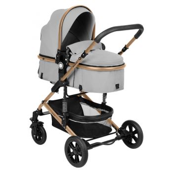 Carucior transformabil KikkaBoo 3in1 pana la 22kg,cadru din aluminiu,suspensii pe roti si cadru,spatar reglabil,sezut reversibil,Scaun auto I-Size,geanta,suport pahar si accesorii incluse Amaia Light Grey 2024