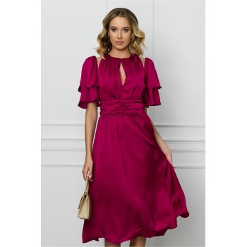 Rochie DY Fashion magenta cu volane la maneci si decupaj la decolteu