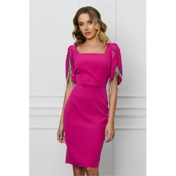 Rochie fucsia cu franjuri din strasuri la maneci