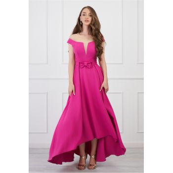 Rochie fucsia lunga cu funda in talie