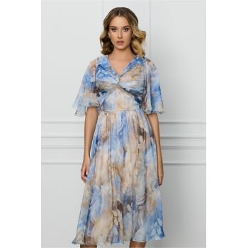 Rochie Leonard Collection bleu cu imprimeu bej din voal