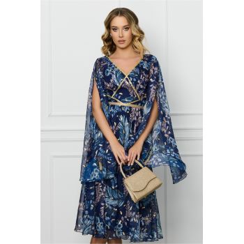 Rochie Leonard Collection bleumarin cu imprimeu si insertii aurii