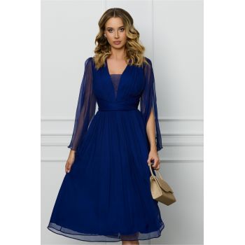 Rochie Leonard Collection bleumarin din matase cu decupaje la maneci