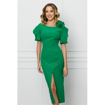 Rochie Moze verde cu trandafir pe umar