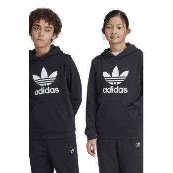 adidas Originals bluza copii TREFOIL HOODIE culoarea negru, cu glugă, cu imprimeu, IY7446