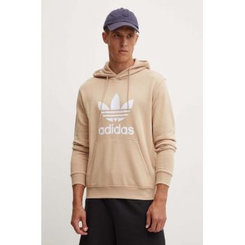 adidas Originals hanorac de bumbac barbati, culoarea bej, cu glugă, cu imprimeu, IZ2359