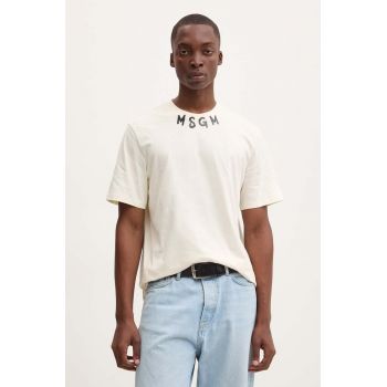 MSGM tricou din bumbac barbati, culoarea bej, cu imprimeu, 3740MM102.247798