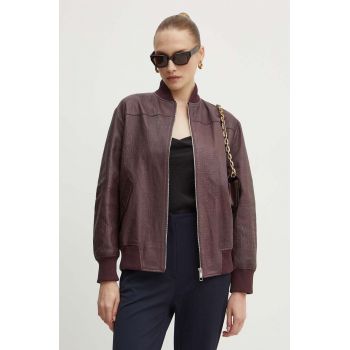 BOSS geaca bomber de piele femei, culoarea bordo, de tranzitie, 50521929