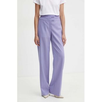 BOSS pantaloni de lana culoarea violet, drept, high waist, 50518404