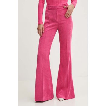 HUGO pantaloni de catifea cord culoarea roz, evazati, high waist, 50518000