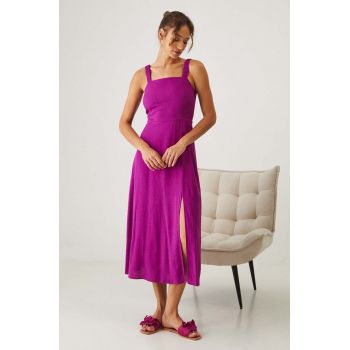 Medicine rochie din amestec de in culoarea violet, midi, evazati