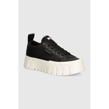 Tommy Jeans tenisi TJW VULC FLATFORM LC MIX MEDIA femei, culoarea negru, EN0EN02569