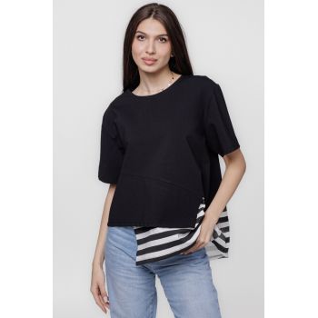 Bluza cu colturi asimetrice, neagra cu dungi albe