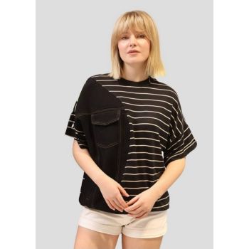 Bluza din doua tesaturi, blug negru si tricot in dungi