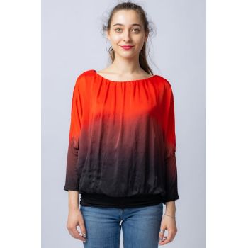 Bluza in degrade din matase naturala cu maneca lunga fluture si elastic la poale rosu negru