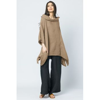 Bluza lunga in colturi, din in, cu gluga, camel