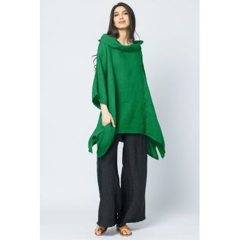 Bluza lunga in colturi, din in, cu gluga, verde