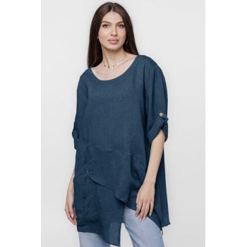 Bluza lunga tunica, in colturi, din in, bleumarin