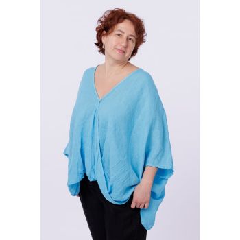 Bluza oversize petrecuta, din in, albastru azzuro