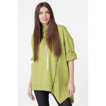 Bluza tunica cu colt, guler inalt si fermoar oblic, verde